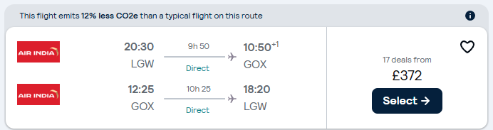 Non-stop, summer flights from London, UK to Goa, India for only £372 roundtrip. Flight deal ticket image.